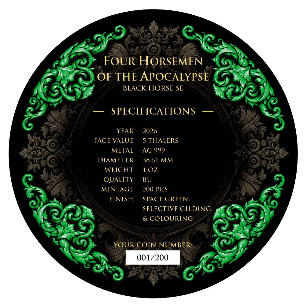 PRE-ORDER Carpathian Mint 2026 5 Thalers Four Horsemen of the Apocalypse Black Horse – Space Green 1 oz .999 Silver Coin