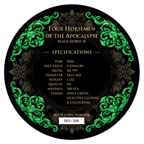 A circular collectible coin or medallion design featuring the text 'FOUR HORSEMEN OF THE APOLLOHEA' and 'BLACK HORSE SE' with ornate green filigree borders on a black background. The center contains specifications text in gold and white, including metal, diameter, weight, and finish.