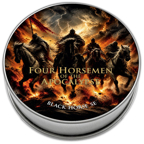 A round metal tin with a printed cover illustration of four dark horse riders under a stormy sky with lightning and flames. The text on the tin reads 'FOUR HORSEMEN OF THE APOCALYPSE' and 'BLACK HORSE SE'.