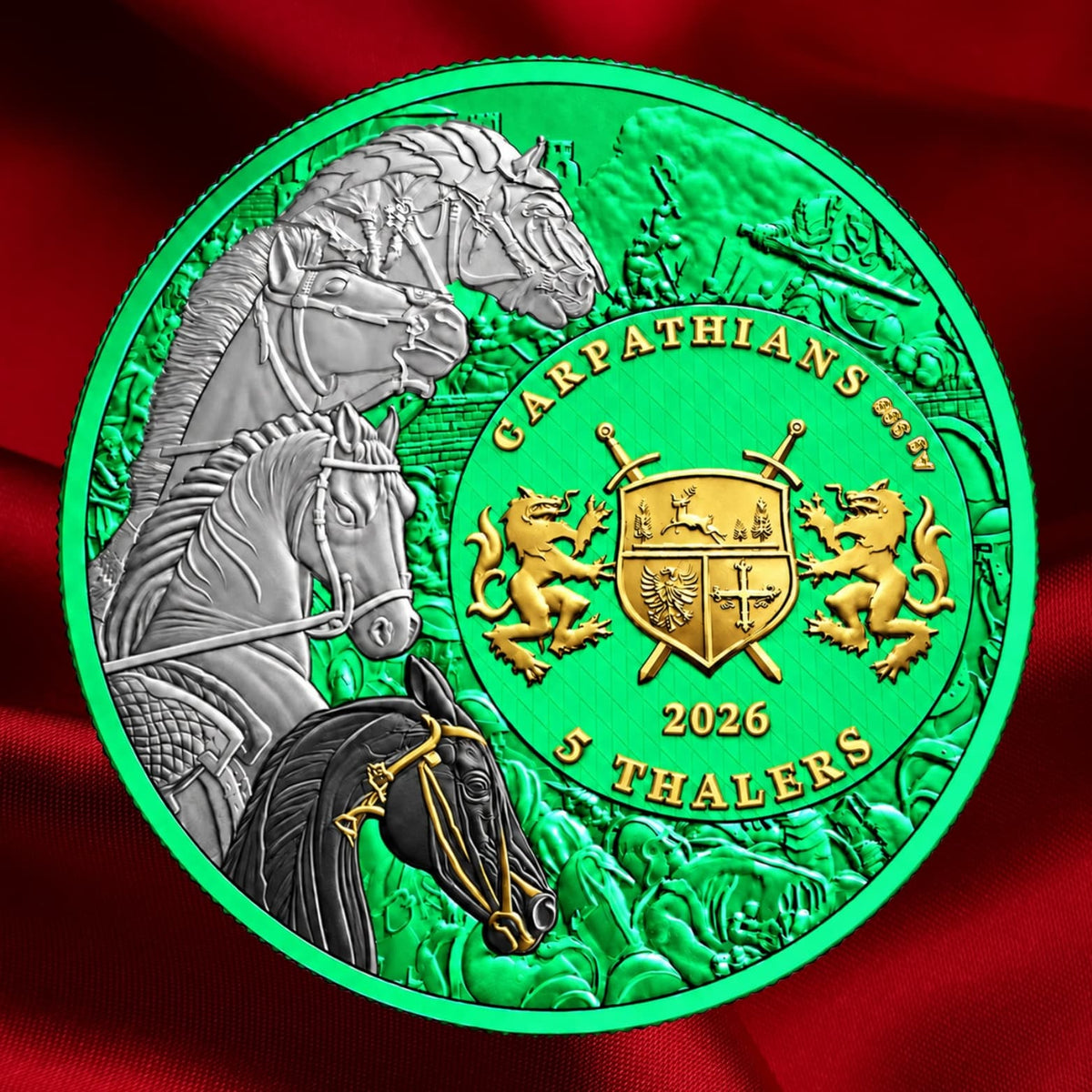 PRE-ORDER Carpathian Mint 2026 5 Thalers Four Horsemen of the Apocalypse Black Horse – Space Green 1 oz .999 Silver Coin