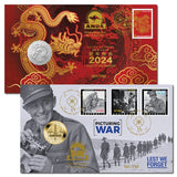 Australia ANDA Brisbane Money Expo 2024 Perth Mint ANZAC $1 & 2024 Lunar Dragon 50c Stamp & Coin Cover Matching Numbers ANDA Overprint 750 Made