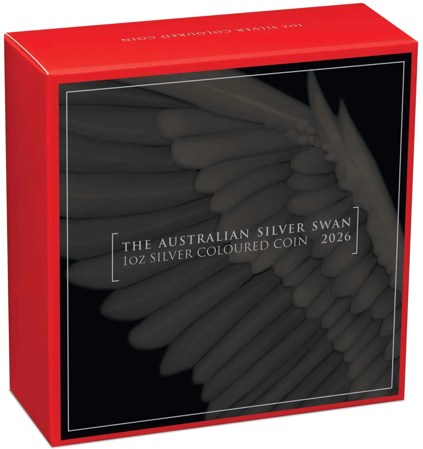 Red box with a black interior featuring 'The Australian Silver Swan 1oz Silver Coloured Coin 2026' text.