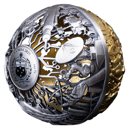 Samoa 2025 $5 NATURE AND TECHNOLOGY 2 Oz .999 Antiqued Silver Filigree Spherical Coin