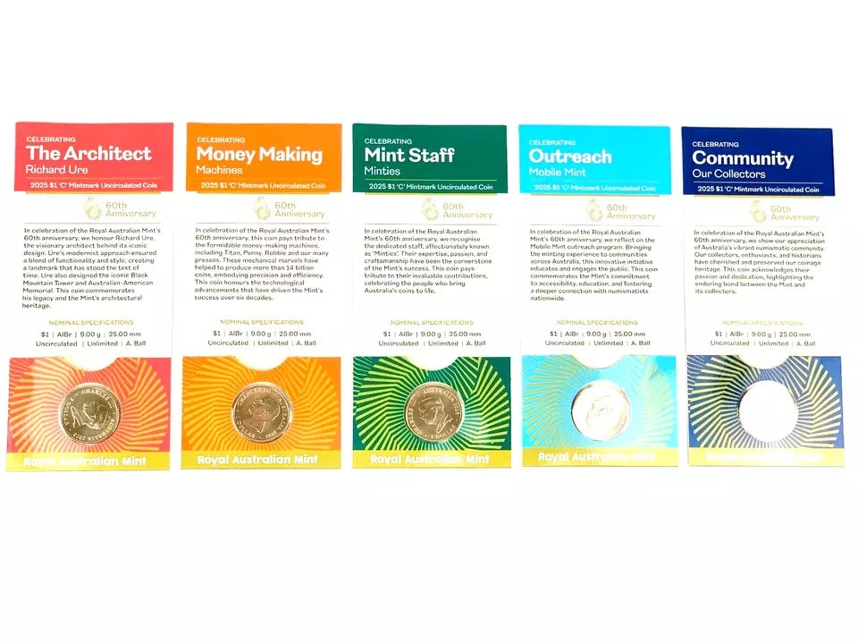 Australia 2025 $1 Royal Australia Mint 60th Anniversary' 'C' Mintmark Coin Set 5 x $1 Coins