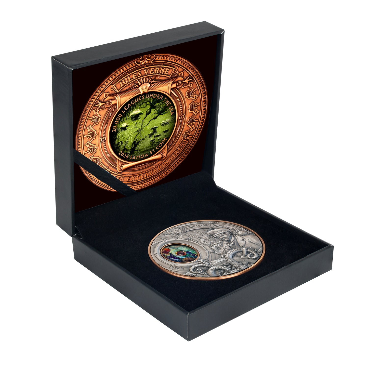 Samoa 2026 $1 20,000 LEAGUES UNDER THE SEA High Relief Rotating 15 grams .999 Silver & Copper Bimetal Antique Case