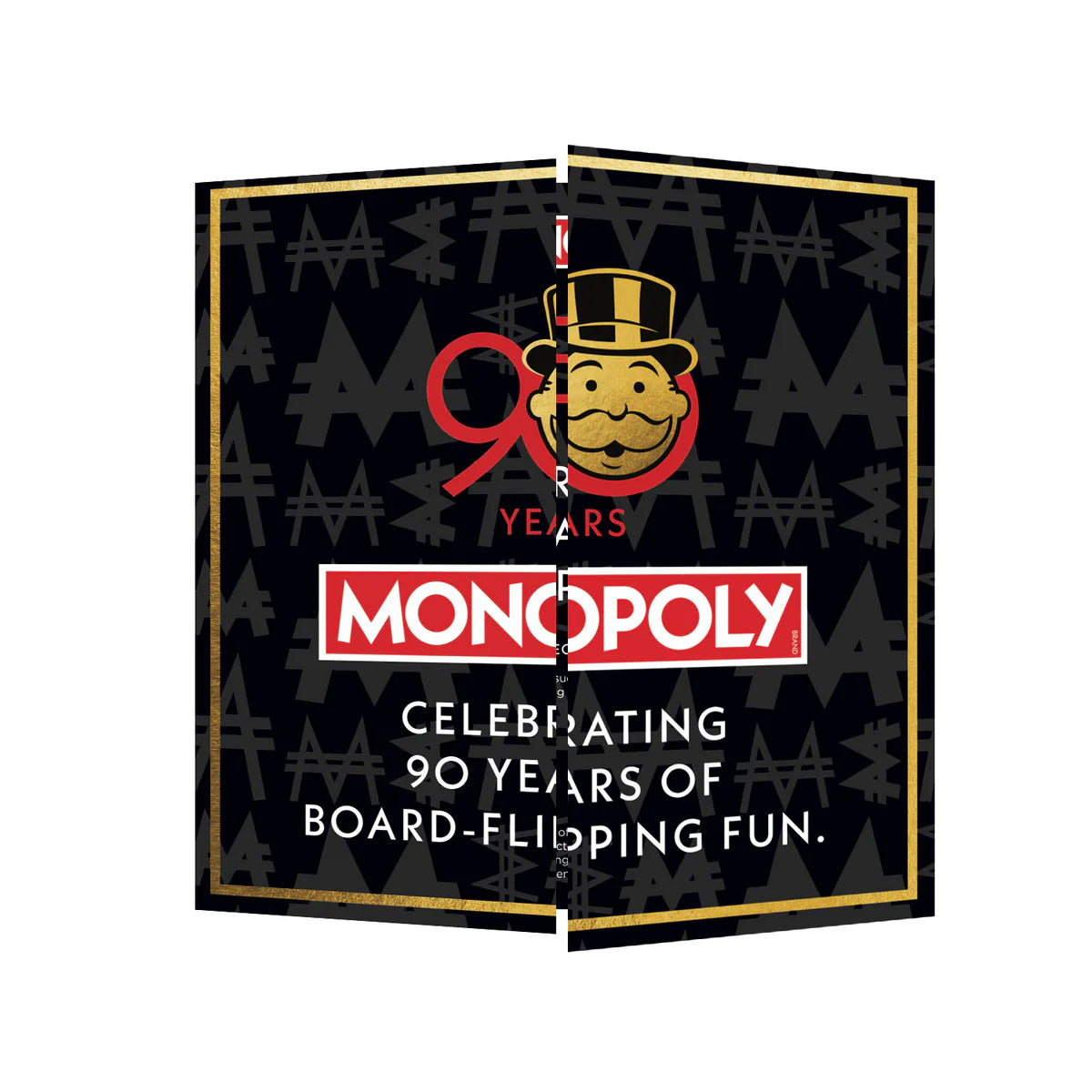 Monopoly 90th anniversary packaging with logo and text on a black background