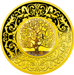Decorative coin with a tree of life design and intricate patterns on a black background