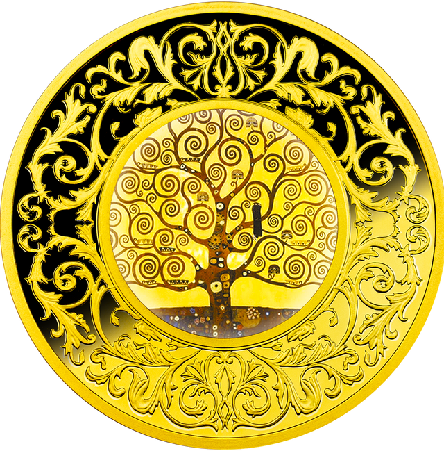 Decorative coin with a tree of life design and intricate patterns on a black background