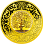 Decorative coin with a tree of life design and intricate patterns on a black background