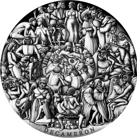 A silver coin with high relief design featuring multiple characters from the Decameron by Giovanni Boccaccio, encased in a round, black book-shaped box.