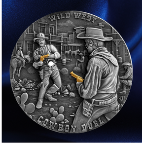 A round silver-toned collectible coin or medallion featuring a detailed relief design of a Wild West cowboy duel scene, with two cowboys facing each other holding pistols and the words 'WILD WEST' at the top and 'COWBOY DUEL' at the bottom. The coin is photographed against a dark blue satin-like background.