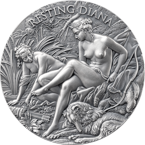 Decorative coin featuring two women and a lioness with 'Resting Diana' text.
