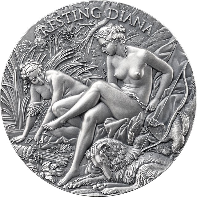 Decorative coin featuring two women and a lioness with 'Resting Diana' text.