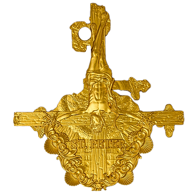 A gold-glided coin with an intricate design depicting the crucifixion of St. Peter, surrounded by ornate floral and filigree details.