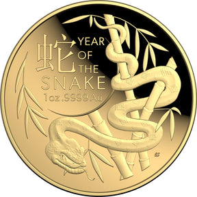 Gold coin celebrating the Year of the Snake with a snake and bamboo design.