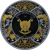 Decorative coin with intricate patterns and text on a black background