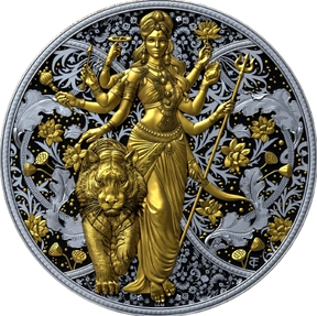 Decorative coin with a gold figure of a deity and a lion on a black background