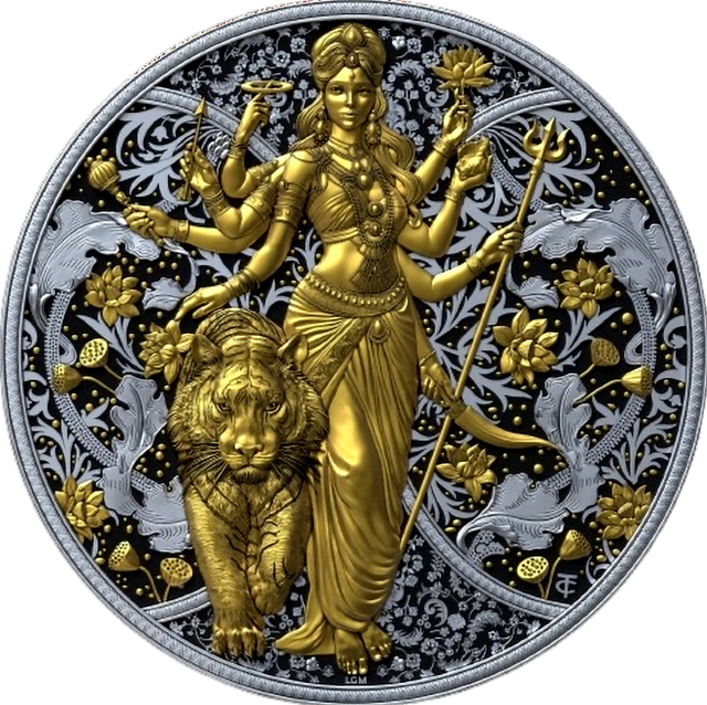 Decorative coin with a gold figure of a deity and a lion on a black background