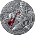 A silver coin with an antique finish featuring a detailed relief of a Viking explorer holding a battle axe and a horn, with a mountainous landscape in the background.