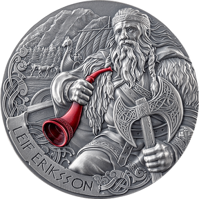 A silver coin with an antique finish featuring a detailed relief of a Viking explorer holding a battle axe and a horn, with a mountainous landscape in the background.