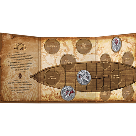 Open The Way to Valhalla collector book with a longship-shaped layout and spaces for series coins