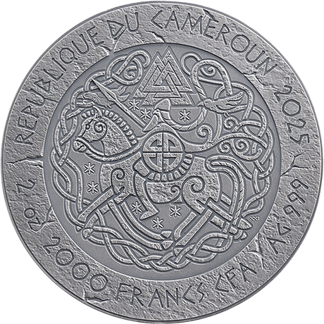 Leif Eriksson 2025 Cameroon silver coin obverse with interlaced Norse animal motifs and 2000 francs denomination