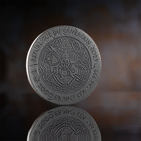 Cameroon 2025 Leif Eriksson silver coin obverse standing on a reflective dark surface