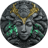 Decorative coin with a face design, Naga branding, and green accents.