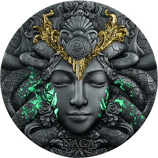 Decorative coin with a face design, Naga branding, and green accents.