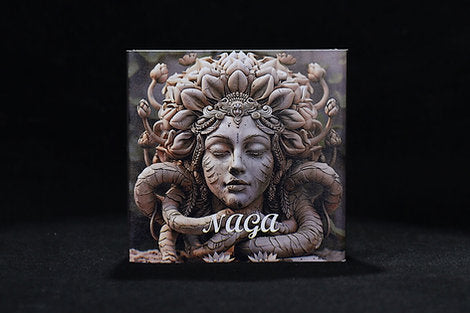 Decorative wall art with a snake and face design labeled 'Naga' on a black background