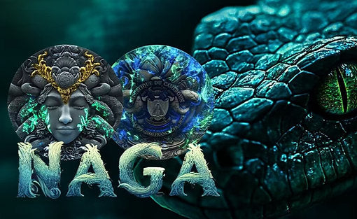 Close-up of a snake with a mystical figure and the word 'Naga' in front.