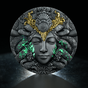 Decorative wall piece with face design, gold accents, and green elements on a dark background.