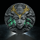 Decorative wall piece with face design, gold accents, and green elements on a dark background.