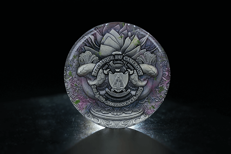 Decorative coin with intricate design on a dark background