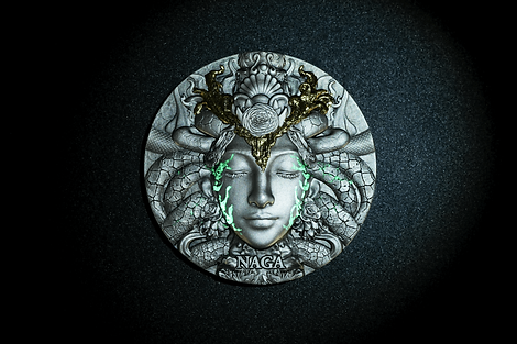 Decorative medallion with a face and snake design on a dark background
