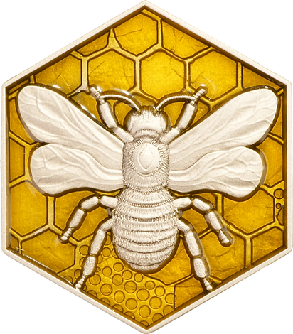 A high relief silver coin with an image of a honeybee on a honeycomb background, minted in Cameroon with a face value of 2000 francs CFA.