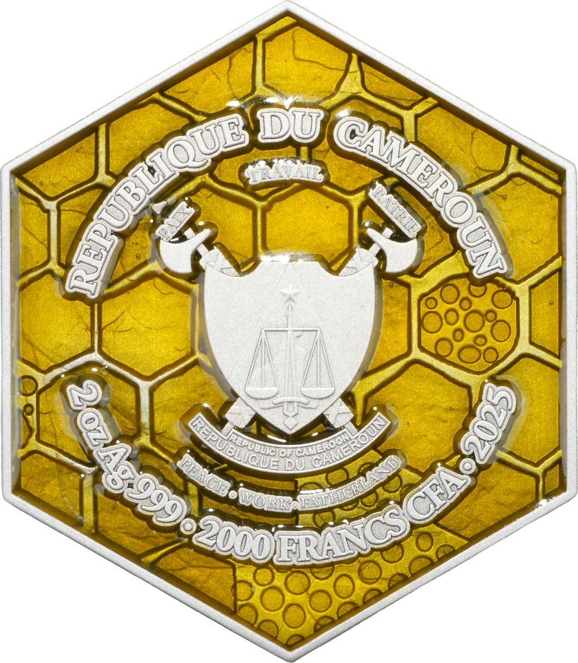 Obverse of Cameroon 2025 2000 Francs CFA ThE BEE - 2 oz .999 High Relief Silver Coin 199 Minted showing Cameroon Coat of Arms