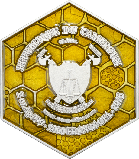 Obverse of Cameroon 2025 2000 Francs CFA ThE BEE - 2 oz .999 High Relief Silver Coin 199 Minted showing Cameroon Coat of Arms