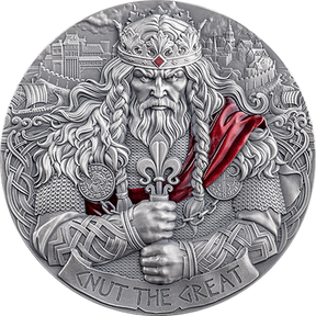 Silver coin featuring a Viking warrior with a red cape and crown, set against a detailed background.