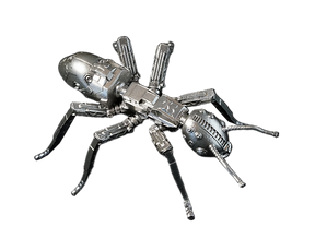Mechanical Ant 3D .925 silver coin viewed from above at an angle, showing its mechanical body, six legs and antennae.