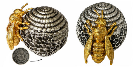 Cameroon 2026 2000 Francs CFA Bee -  Rulers of the Nest 2 oz Silver Coin Certificate with Specifications and Hologram security seal Certificate 2- 3 Views of the Coin- The Base of the Beehive or Obverse, Side view of Beehive with Gold Bee on It, and Front view  of Beehive with Gold Bee showing boyth Wings