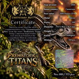 Certificate: Carpathian Mint certificate for the 2026 Tyrannosaurus rex 2 oz silver coin, listing its specifications and mintage of 333.