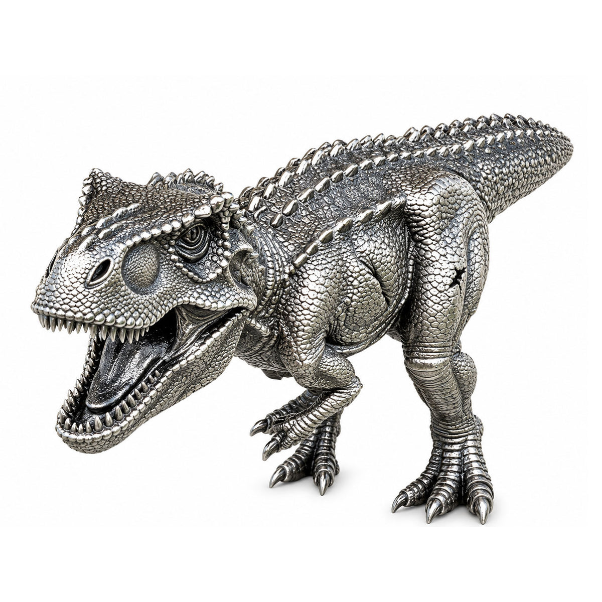 Opposite three-quarter view: Close-up of the Tyrannosaurus rex antiqued silver coin showing its teeth, scaled body, small forelimbs and long tail.
