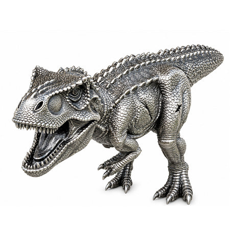 Opposite three-quarter view: Close-up of the Tyrannosaurus rex antiqued silver coin showing its teeth, scaled body, small forelimbs and long tail.