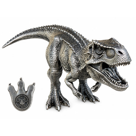 Full view with denomination detail: Tyrannosaurus rex silver coin with a footprint-shaped detail showing Cameroon’s emblem, 2026 date and 2,000 CFA francs