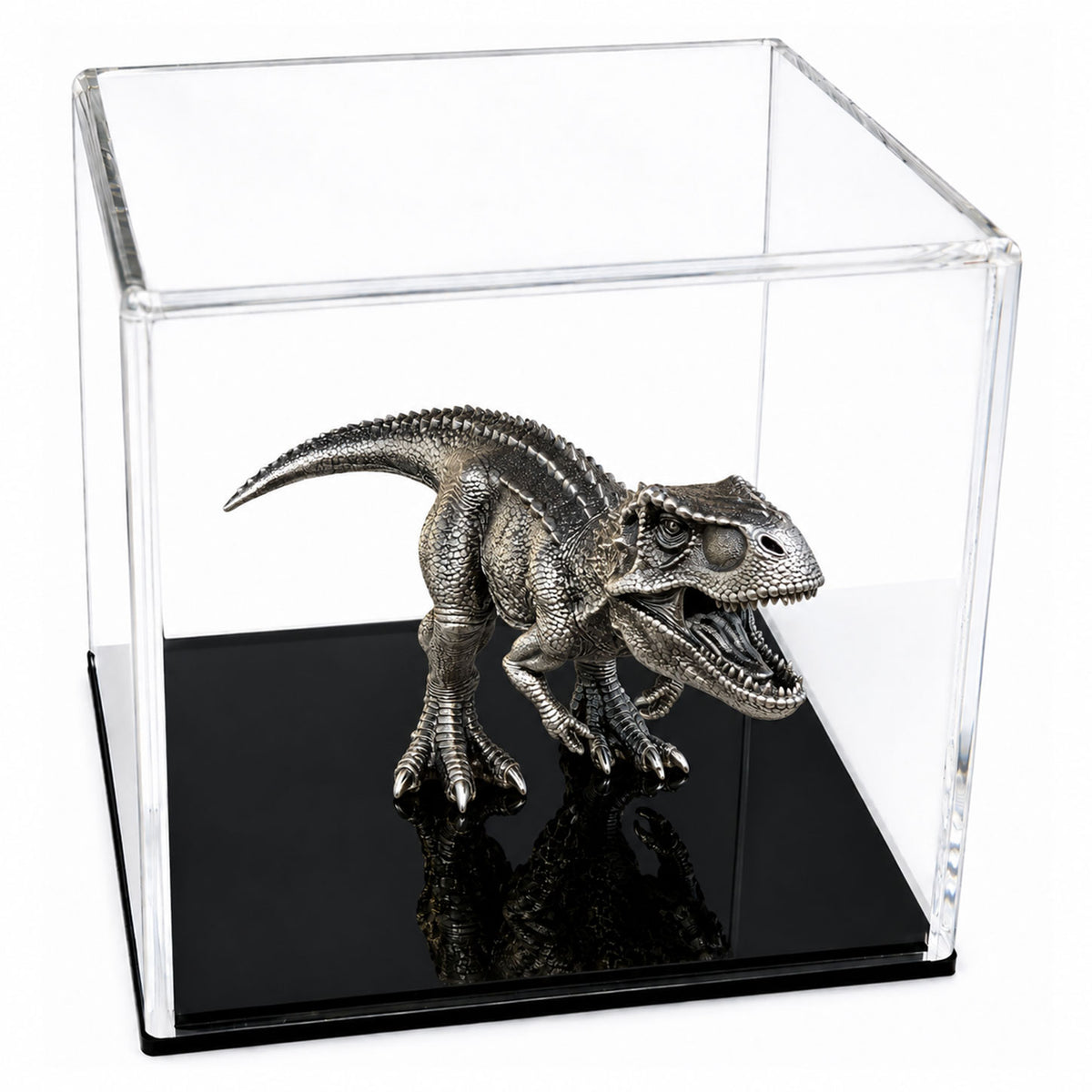 Display case: Tyrannosaurus rex silver coin inside a transparent display case with a black base.