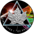 The image features the obverse of the Canada 2024 $5 DARK SIDE OF THE KING 1 Oz .9999 Silver Coin, showcasing a detailed design of a maple leaf with a black and multicolored finish against a triangular background.
