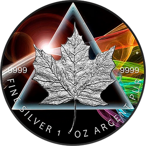 The image features the obverse of the Canada 2024 $5 DARK SIDE OF THE KING 1 Oz .9999 Silver Coin, showcasing a detailed design of a maple leaf with a black and multicolored finish against a triangular background.