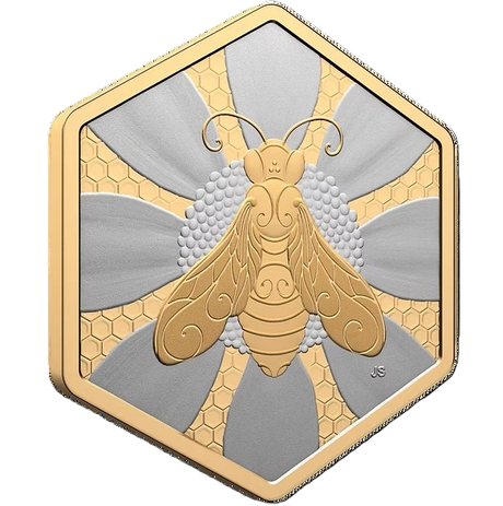 Hexagonal coin with a gold and silver bee design on a white background