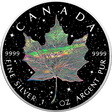 Holo Diamond Dust Maple Leaf silver coin reverse, showing an iridescent maple leaf against a black, sparkling background.